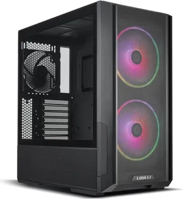 A black computer tower case with RGB fans on the front.