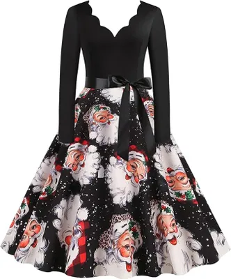 Produktbild von Weihnachtskleid Damen, Langarm Silvester Maxikleider A Linie Vintage Partykleid Weihnachtlich Bedruckt Cocktailkleid Festliche Kleider Für Frauen, A02