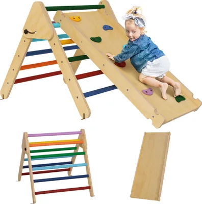 Image de AIYAPLAY 3 en 1 Triangle escalade enfants, rampe double-face pour grimper & glisser - parcours motricité bébé en bois, aire de jeux enfant intérieur pour 18 à 48 mois, charge max. 50 kg, multicolore
