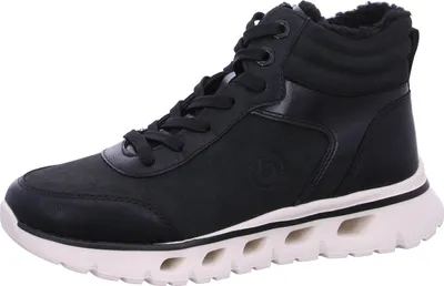 A studio shot of a black high-top sneaker with a white sole.