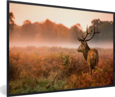 Produktbild von MuchoWow® MuchoWow® Gerahmtes Poster Hirsche - Nebel - Herbst 90x60 cm - Poster mit zchwarzem Bilderrahmen - Fotorahmen - Foto-Plakat