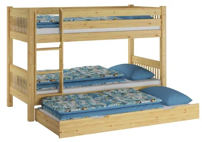 Produktbild von Etagenbett hoher Bettabstand massive Kiefer Zubehör wählbar Liegefläche 90x200 V-60.12-09Ni100Rollrost und Gästebettkasten inkl.