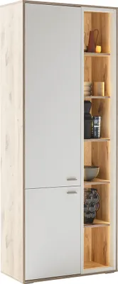 Produktbild von Wohnzimmer-Vitrine mit 78 cm Breite in Eiche und weiß, mit 1 Tür, 6 offenen Fächern & LED-Beleuchtung - SAGUNTO-05