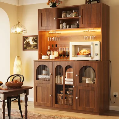 Produktbild von Küchenschrank (120 x 40 x 180 cm), hoher Küchenschrank, Vitrine, Sideboard mit verstellbaren Einlegeböden und LED-Beleuchtung, variable Lichtfarben