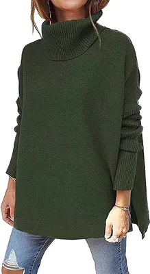 Image de ASKSA Pull à col roulé pour femmes Pull uni à manches chauve-souris, vert armée, S