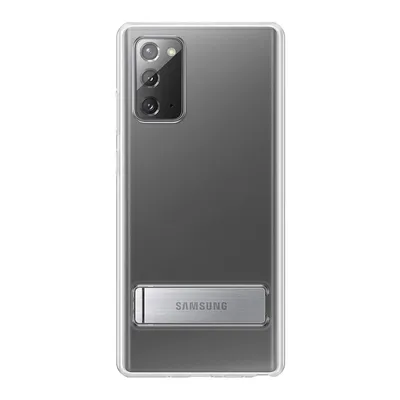 The back of a transparent phone case with a silver kickstand attached.