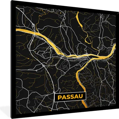 Produktbild von MuchoWow® Gerahmtes Poster Karte - Stadtplan - Passau - Deutschland - Gold 40x40 cm - Poster mit Schwarzem Bilderrahmen Wandposter Rahmen Foto Bilder - Mit Rahmen - Wanddekoration Schlafzimmer