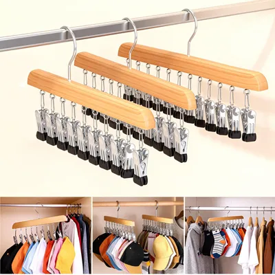 Imagen del producto de Juego de perchas de madera con 10 abrazaderas de acero inoxidable, de 3 piezas, para ropa y accesorios