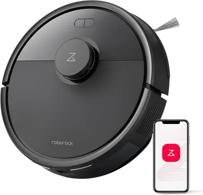 A black Roborock Q7 L5 robot vacuum cleaner is shown next to a smartphone displaying the Roborock app.