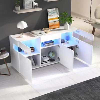 Obrázek produktu pro MODFU lesklá kuchyňská skříň do obývacího pokoje s LED osvětlením, komoda s polootvoreným úložným prostorem a dvířky, bílá