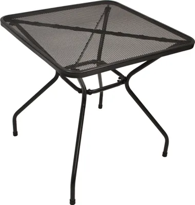 A black metal outdoor table with a mesh top and four legs, shown against a white background.