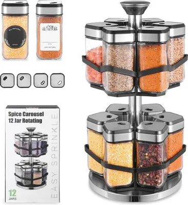 Productafbeelding van Famanu kruidenrek met 2 niveaus en 12 potjes voor kruiden - 360° draaibaar