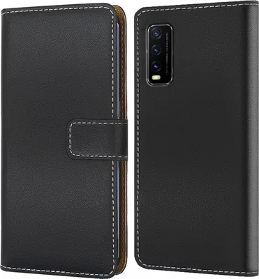 A black flip case for a smartphone is shown from two angles.
