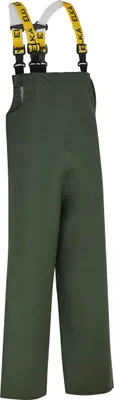 A pair of green overalls with yellow straps against a white background.