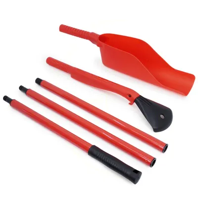A red gutter cleaning tool set is laid out on a white background. The set includes a scoop and three connecting poles.