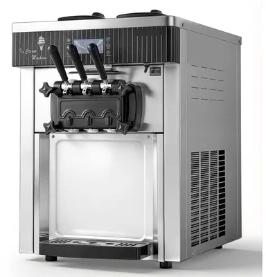 Produktbild von Gewerbliche Softeismaschine, Leistung 20–28 l/h, 2200 W, Tischmodell für 3 Sorten mit 2 x 6-Liter-Behältern und Rührwerk, Vorkühlung und Selbstreinigung – für Snack- und Dessert-Läden