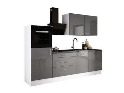 Image de Ensemble de cuisine : trois tiroirs, cinq portes, huit étagères, couleur : blanc / gris brillant, dimensions du meuble : l : 250 cm, H : 220 cm, P : 60 cm