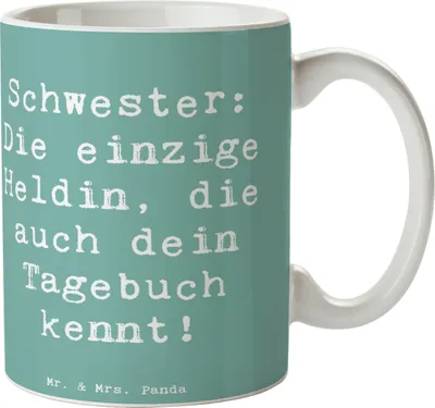 Produktbild von Mr. & Mrs. Panda Teetasse Spruch Schwester Heldin - Meeresbrise - Geschenk, Weihnachten, Jubiläen, Kaffeebecher, beste Freundin, Geschwister, Becher, cappuccinotasse