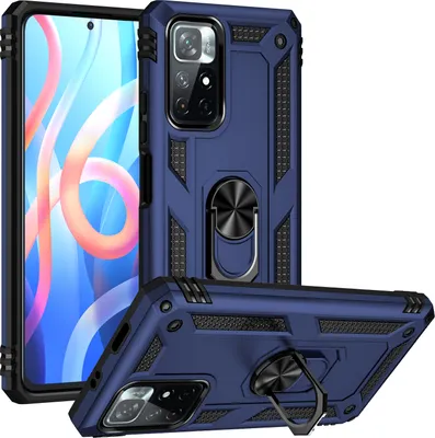 A blue phone case with a ring holder is displayed from multiple angles.