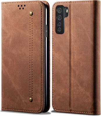 Produktbild von Huawei Nova 7 SE Hülle, LaimTop Denim Leder Brieftasche Magnetverschluss Flip Bookstyle Schutzhülle mit Standfunktion für Huawei Nova 7 SE Huawei Nova 7 SE Braun