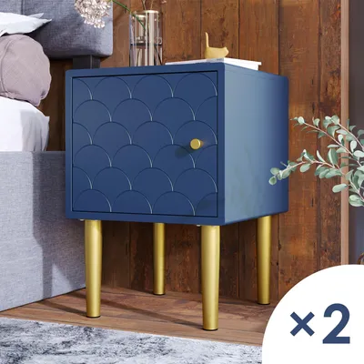 Produktbild von Flieks Nachttisch 2er Set Nachtschrank Beistelltisch Fischschuppenmuster 35*35*50cm Marineblau