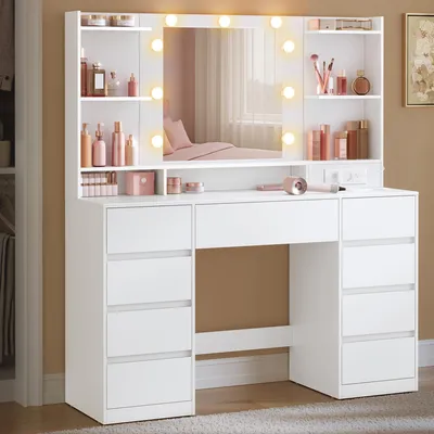Obrázok produktu pre Toaletkový Stolík S Led Osvetlením, 9 Zásuvka, Odkvetová Biela