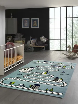 Immagine prodotto di Tappeto per bambini con strade e case in turchese - 120 cm, rotondo