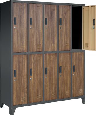Umkleideschrank 5B2A Spind Spint Schließfachschrank Metallschrank mit 10 Fächern Etikettenhalter Lüftungsschlitze Metall Pulverbeschichtet 172 cm x 136 cm x 45 cm (H x B x T) Farbe:  Anthrazit-Holzoptik