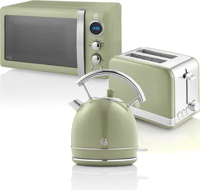 Produktbild von SWAN STRP2070GNEU Retro Set Frühstück, Wasserkocher 1,8 L, 2 Breitschlitz-Toaster, Mikrowelle 20 L Grün
