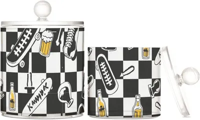 Productafbeelding van Organisator voor snoepjes met deksel, geruit design, graffiti-stijl, gemaakt van kunststof, met deksel, geschikt voor de voorraadkast, voor alledaagse benodigdheden, decoratieve kleine opbergbakjes voor wattenstaafjes, wattenschijfjes en tandenstokers