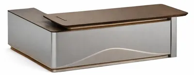 Zdjęcie produktu dla Nowoczesny biurko wykonane ze stali nierdzewnej i drewna, wyposażone w eleganacyjne oświetlenie