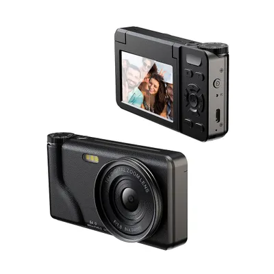 Zdjęcie produktu dla Aparat cyfrowy ZELURXX, wideo 4K, zdjęcia 64 MP, 18-krotny zoom, 3,0-calowy wyświetlacz IPS z klapką, bateria 2000 mAh, kompaktowy, podróżny, do vlogowania, przenośny, czarny