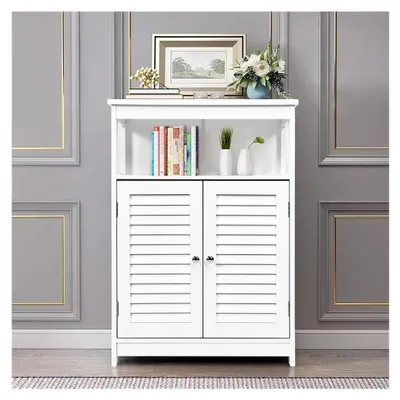 Produktbild von Freistehender Badschrank in Weiß mit 2 Rollladentüren, Aufbewahrungsschrank aus Holz für Bad, Küche und Wohnzimmer