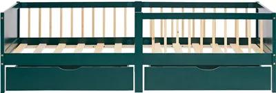 Produktbild von Homestyle4u Kinderbett 90x200 mit Rausfallschutz Holzbett mit 2 Schubladen Lattenrost Grün