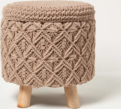 Image de HOMESCAPES Indy – Tabouret en macramé avec espace de rangement – marron, hauteur 43 cm