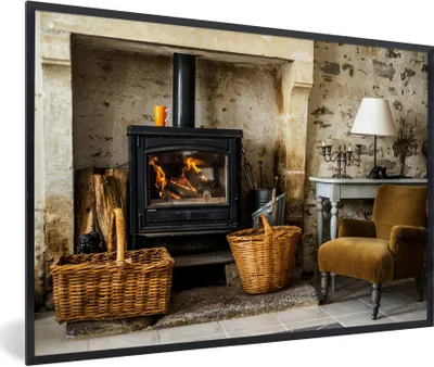 Produktbild von MuchoWow® Gerahmtes Poster Kamin in einem Wohnzimmer 30x20 cm - Poster mit Schwarzem Bilderrahmen Wandposter Rahmen Foto Bilder - Kunstdruck - Bild-Poster