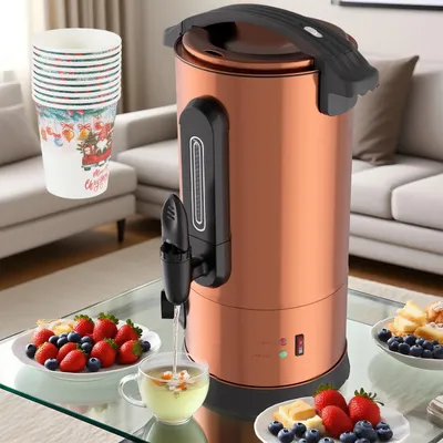 Image de Peviasot, appareil de cuisson pour vin chaud, 8 litres, 1500 W, en cuivre, avec thermostat, robinet de distribution, indicateur de niveau et 10 gobelets en papier pour les fêtes