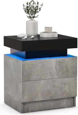 Zdjęcie produktu dla Szafka nocna LED COSTWAY, szafka nocna z 2 szufladami, szafka nocna z oświetleniem dynamicznym i statycznym, z pilotem, nowoczesna, 45 x 35 x 52 cm, szara