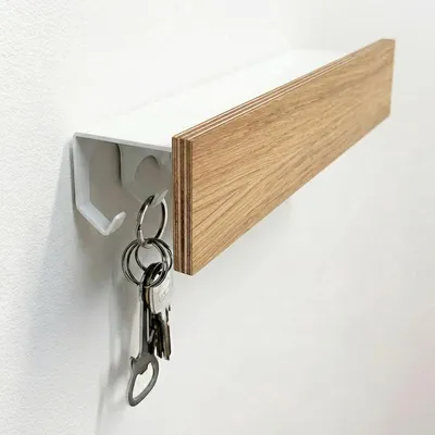 Schlüsselhalter mit Ablage, Eichenholz, 8 Haken, 30 cm, weiß