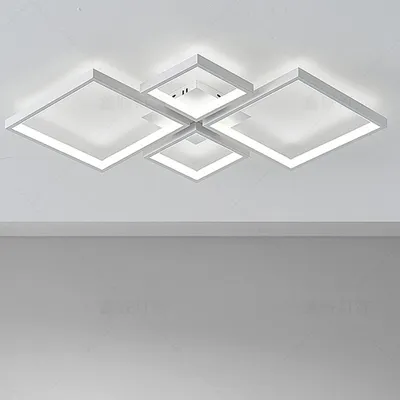 A modern, geometric ceiling light fixture with multiple square frames, mounted on a white ceiling.