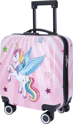 A pink children's suitcase with a unicorn design and wheels.