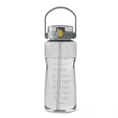 Zdjęcie produktu dla Plastikowa butelka na wodę fitness o bardzo dużej pojemności z podwójną słomką i znacznikiem czasuGray 2000ml