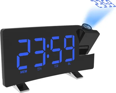 A black digital alarm clock with a blue LED display and a projection feature, shown on a white background.