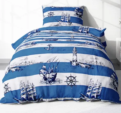 Produktbild von 2-teilige Renforcé Bettwäsche 155x220cm + 80x80cm - Leuchtturm, Maritime, Anker, Schiff, Striefen, Meer - 100% Baumwolle, Bettgarnitur (736-2-Renforce)
