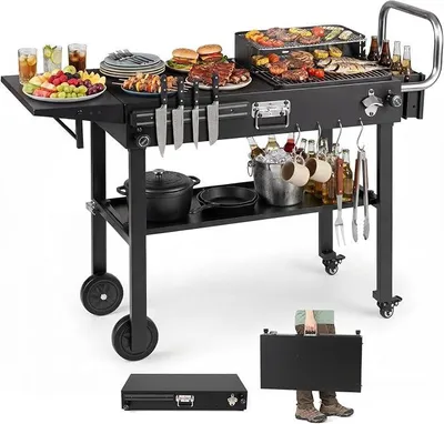 Produktbild von Grillwagen Outdoor, Grilltisch klappbar, Pizzatisch mit Seitentisch | Servierwagen Metall mit Rollen, Arbeitsfläche, Haken, Grill Beistelltisch wetterfest, für BBQ Partys Garten, 118 x 43 x 88 cm