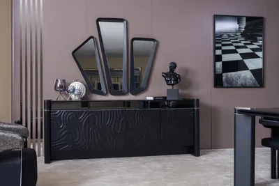 Produktbild von Schwarzes Esszimmer Set Esstisch 6xSühle Sideboard 3x Spiegel Essgruppe Luxus