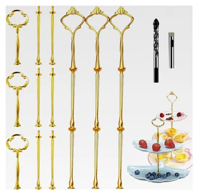 Produktbild von Set mit 6 Etageren Stangen, Goldene Etagere mit 3 Etagen, Cupcake Ständer mit Bohrer, Tortenständer für Buffet, Cookies, Partys, Hochzeiten und Wohnraumdekoration