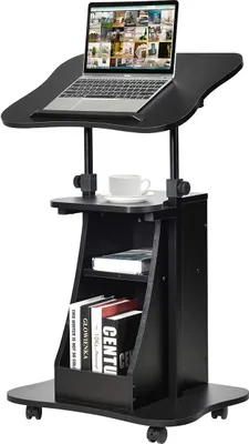 Immagine prodotto di Tavolo per laptop su rotelle COSTWAY, tavolo per proiezioni regolabile in altezza, tavolo in piedi, carrello con piano girevole, ideale per la casa e l'ufficio, nero