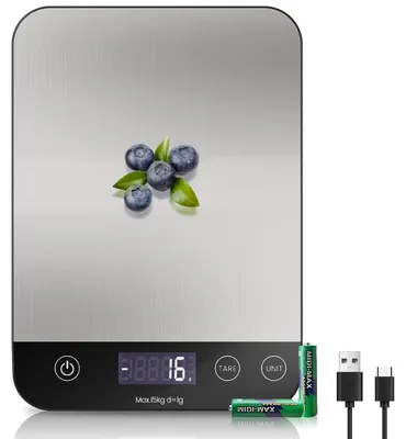 Immagine prodotto di Bilancia da cucina - Fino a 15 kg - Precisione di 1 grammo - Acciaio inossidabile - Digitale - Con funzione tara