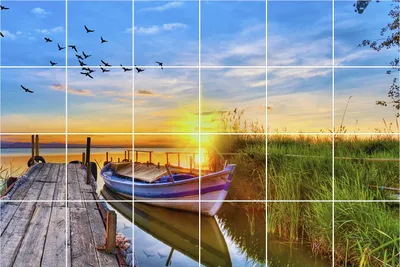 Produktbild von Fliesenaufkleber 15x15 cm – 24 Stück – Selbstklebend – Wasserfest – Pflegeleicht – Hitzebeständig – Für Küche & Bad – Sonnenuntergang über dem Wasser